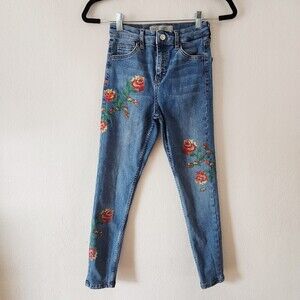 TOPSHOP Moto Jamie Floral Embroidered Jeans High Waisted Skinny Ankle Pants 26